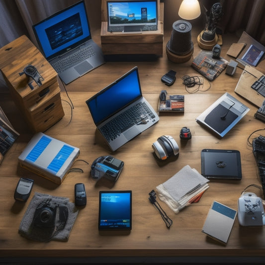 A clutter-free, well-lit room with a laptop and various high-tech gadgets, such as thermal imaging cameras, drones, and tablets, scattered on a wooden table, surrounded by half-unpacked toolboxes and renovation plans.