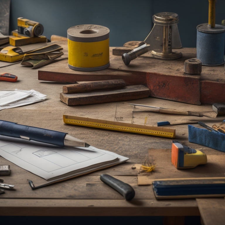 A cluttered workbench with a tape measure coiled around a wooden pencil, a spirit level resting on a worn-out notebook, and a hammer leaning against a set square, surrounded by scattered blueprints.
