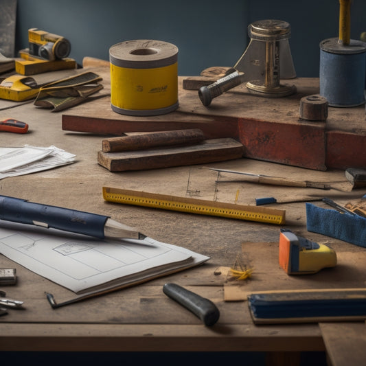A cluttered workbench with a tape measure coiled around a wooden pencil, a spirit level resting on a worn-out notebook, and a hammer leaning against a set square, surrounded by scattered blueprints.