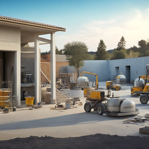 A cluttered home renovation site with three concrete mixers in the foreground, each with a different design and size, surrounded by scattered construction tools and building materials.