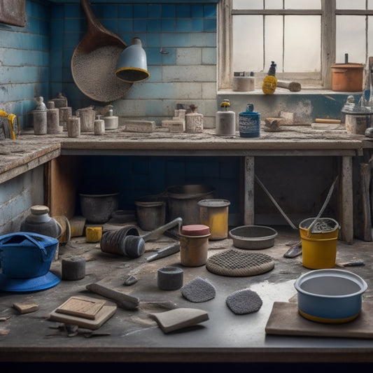 A cluttered workbench with various grouting tools scattered across it, including a grout float, grout saw, grout sponge, and grout bucket, surrounded by bits of tile and grout haze.