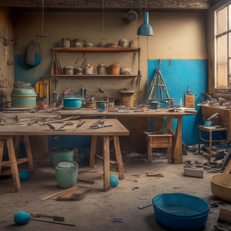 A cluttered workshop table with various trowels and floats of different sizes and materials scattered around, with a partially renovated wall in the background.