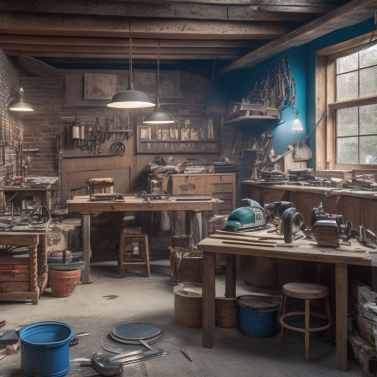 A cluttered workshop with various tools and materials, including a circular saw, drill, level, and scattered blueprints, surrounded by a partially renovated room with exposed brick and wooden beams.