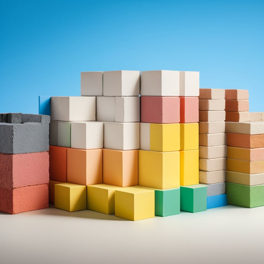 An illustration depicting a partially built wall with blocks of varying sizes, colors, and textures, showcasing correct mortar application, level lines, and a spirit level on a block, set against a clean, white background.