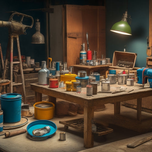 A cluttered workshop table with various mixing equipment, including a drill mixer, handheld mixer, and concrete mixer, surrounded by renovation materials like paint cans, buckets, and power tools.