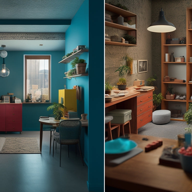 A split-screen image featuring a cluttered, disorganized room on one side and a tidy, renovated space on the other, with various block solutions (e.g., concrete, wooden, and foam) integrated into the design.