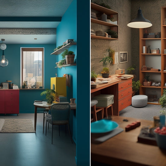 A split-screen image featuring a cluttered, disorganized room on one side and a tidy, renovated space on the other, with various block solutions (e.g., concrete, wooden, and foam) integrated into the design.
