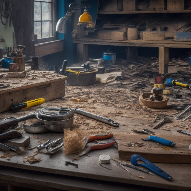 A cluttered workshop table with a variety of hand tools scattered across it, including a hammer, tape measure, level, pliers, screwdrivers, and wrenches, surrounded by scattered wood shavings and half-finished renovation projects.