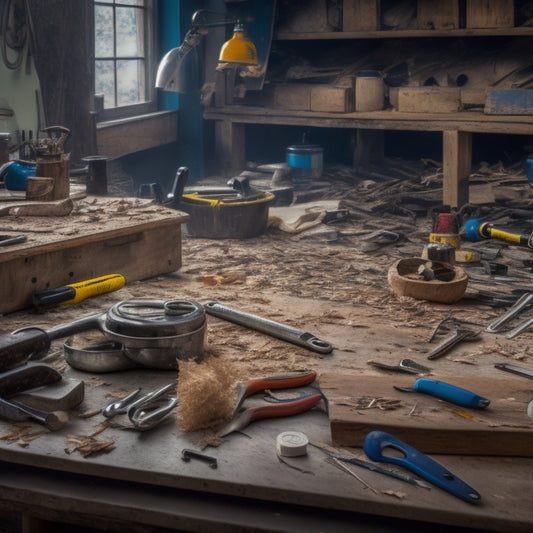 A cluttered workshop table with a variety of hand tools scattered across it, including a hammer, tape measure, level, pliers, screwdrivers, and wrenches, surrounded by scattered wood shavings and half-finished renovation projects.