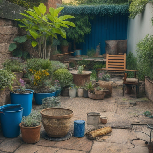 A cluttered patio with broken tiles, overgrown plants, and rusty outdoor furniture, surrounded by scattered renovation tools, including a shovel, trowel, level, and concrete mixer.