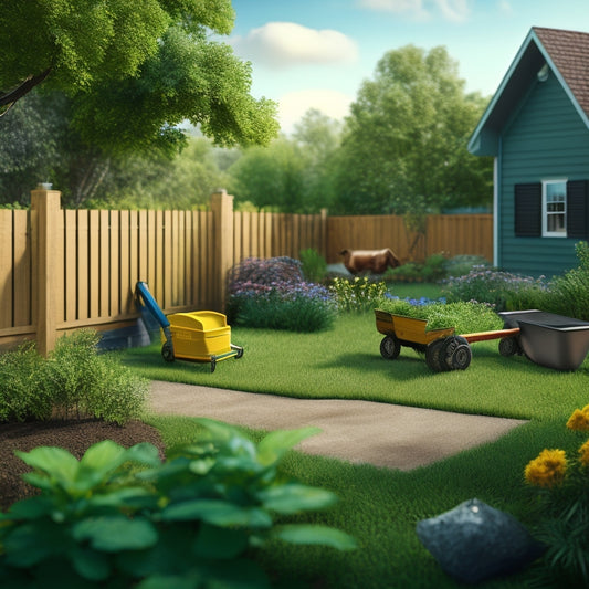An illustration of a suburban backyard with a partially built block fence, featuring a wheelbarrow, trowel, and scattered blocks, surrounded by lush greenery and a few construction tools in the background.