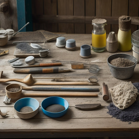 A well-organized table with various mortar types, such as epoxy, acrylic, and silicone, displayed alongside corresponding tools, like trowels and mixing sticks, on a rustic wooden background.