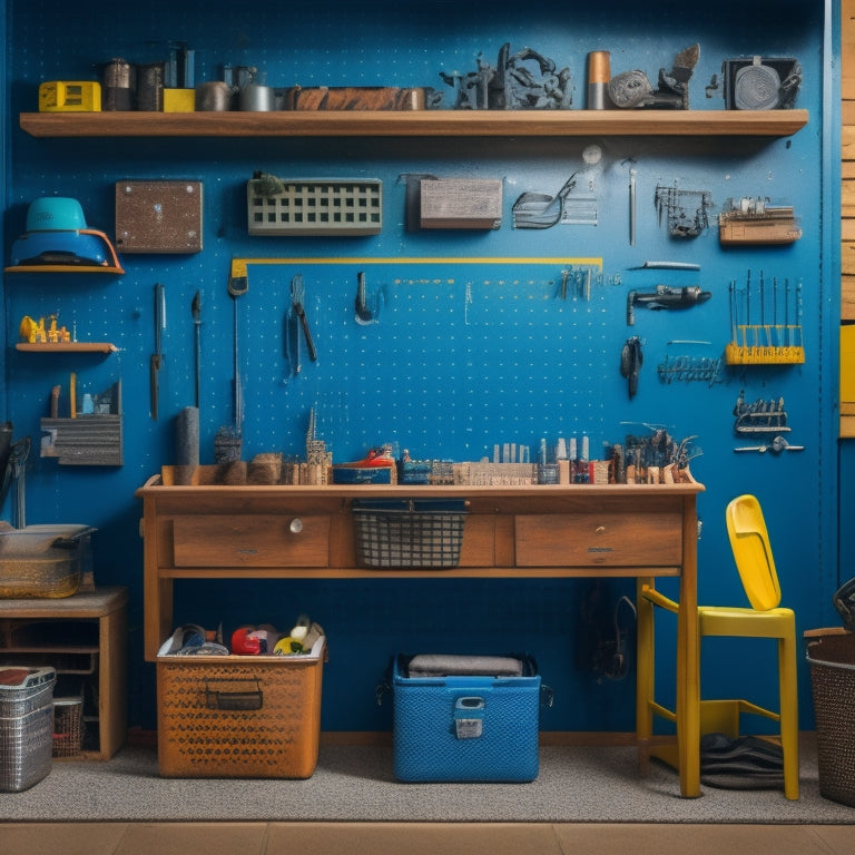 A well-organized workshop with a pegboard backdrop, showcasing a variety of tools and accessories neatly stored in labeled bins, baskets, and hooks, with a few tools laid out on a central workbench.