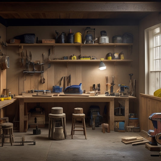 A tidy, well-lit workshop with a variety of wall leveling tools, including a spirit level, laser level, and stud finder, arranged on a wooden workbench surrounded by renovation materials.