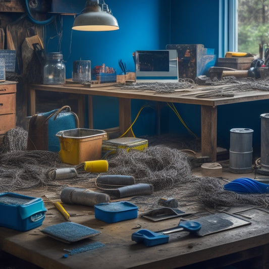 A cluttered renovation site with a tangled mess of wires, scattered tools, and materials in the background, contrasted with a clean and organized workspace featuring a sleek, well-arranged toolset in the foreground.