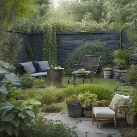 A cluttered backyard with a worn, crumbling block wall in the center, surrounded by overgrown weeds and scattered DIY tools, contrasted with a sleek, modernized block wall in the background, adorned with lush greenery and outdoor furniture.