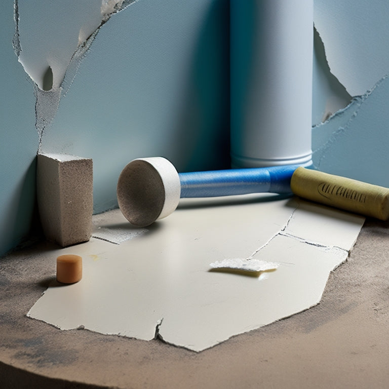 Image of a cracked wall with various adhesive products (e.g. epoxy, caulk, polyurethane) and tools (e.g. putty knife, trowel) scattered around, with a partially repaired crack in the center.