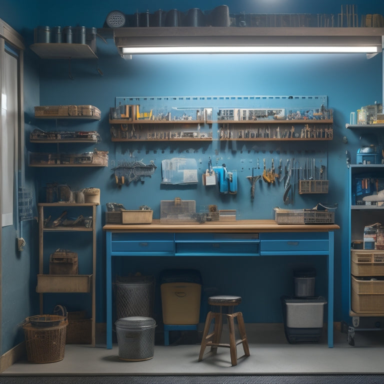 A tidy workshop with a pegboard adorned with neatly hung tools, a labeled storage bin, and a workbench with organized materials, illuminated by a single overhead light.