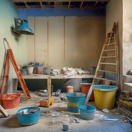 A messy construction site with a mix of tools, buckets, and ladders, featuring a partially plastered wall with a trowel and level lying nearby, surrounded by scattered drywall sheets and dust.