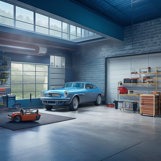 An architectural illustration of a garage with torn-out walls, exposed wiring, and scattered tools, contrasted with a sleek, modernized garage with epoxy-coated floors and organized storage systems.