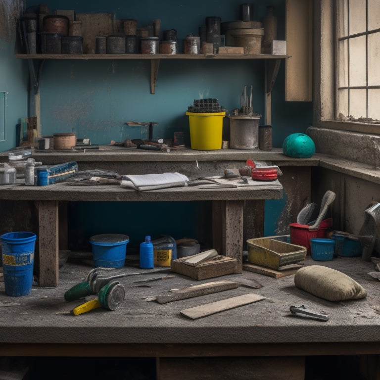 A tidy, well-organized workbench with a variety of tools and materials, including a putty knife, joint compound, sandpaper, and a bucket, surrounded by partially repaired walls with patches of spackling.