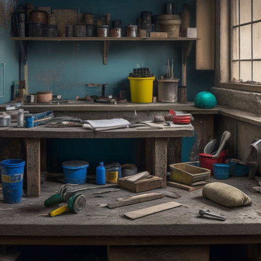 A tidy, well-organized workbench with a variety of tools and materials, including a putty knife, joint compound, sandpaper, and a bucket, surrounded by partially repaired walls with patches of spackling.
