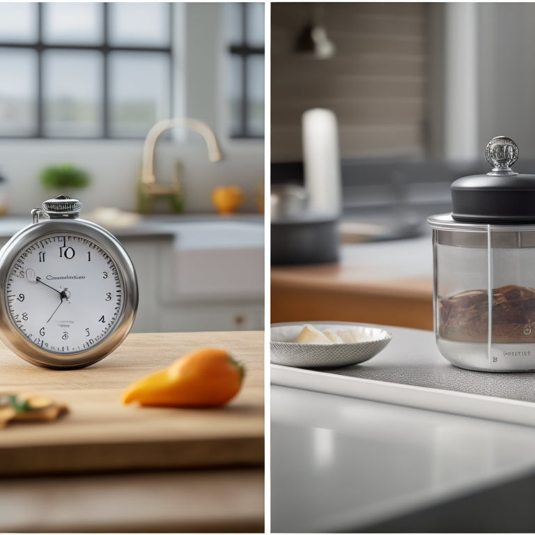 A split-screen image featuring a stopwatch or timer on a sleek, modern kitchen countertop against a blurred background of renovation chaos, contrasted with a perfectly sealed and finished kitchen floor.