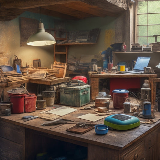 A cluttered workspace with scattered renovation materials, surrounded by worn-out walls, with a faint outline of a perfect, renovated wall in the background, awaiting the right tools.