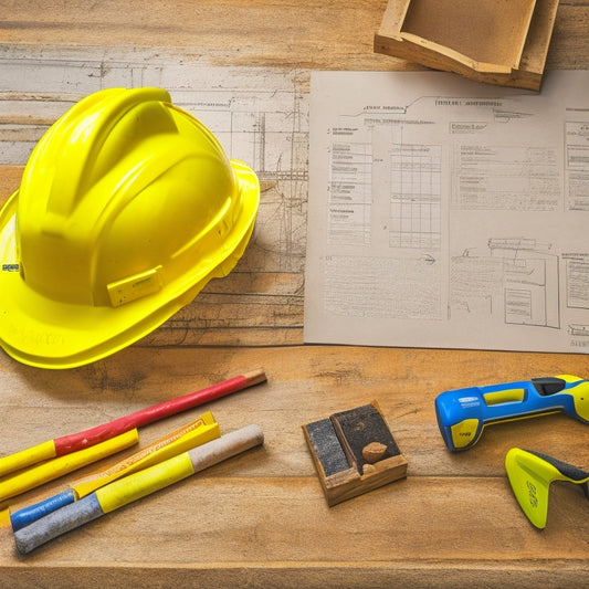 An illustration of a clipboard with a checklist, a house blueprint, a hammer, and a yellow hard hat, surrounded by scattered tools and construction materials on a wooden table.