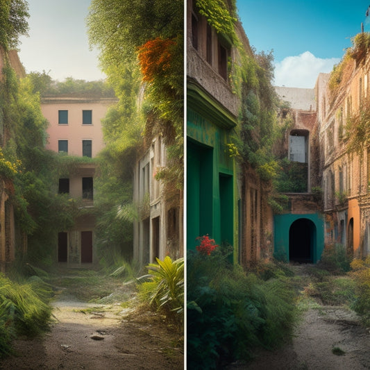 A before-and-after split-screen image of a dilapidated city block with crumbling buildings and overgrown vegetation, transformed into a vibrant, renovated neighborhood with colorful murals and thriving green spaces.