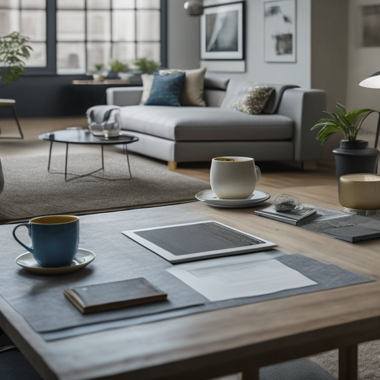 A modern, minimalist living room with a laptop on a coffee table, surrounded by scattered blueprints, pencils, and a cup of coffee, with a subtle background of a renovation site.