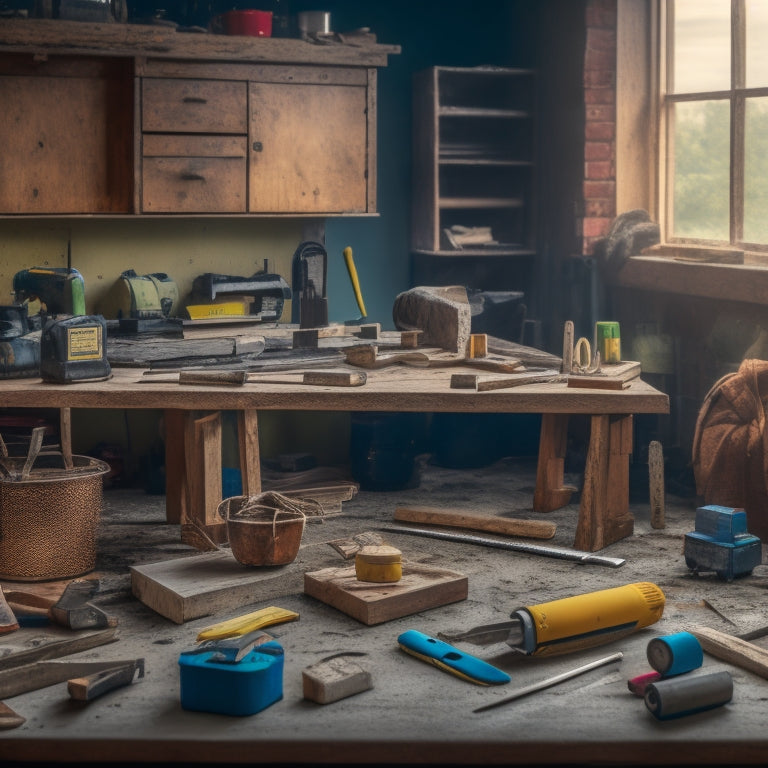 A cluttered workbench with various block laying finishing tools scattered about, including a spirit level, trowel, jointer, and float, surrounded by partially laid blocks and a background of a renovation site.