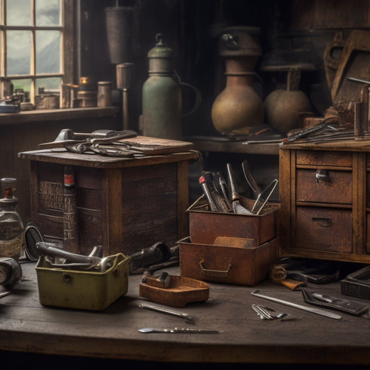 A cluttered workbench with various tool kits, including a rusty old metal box, a modern portable case, and a wooden chest, surrounded by scattered hammers, screwdrivers, and wrenches.