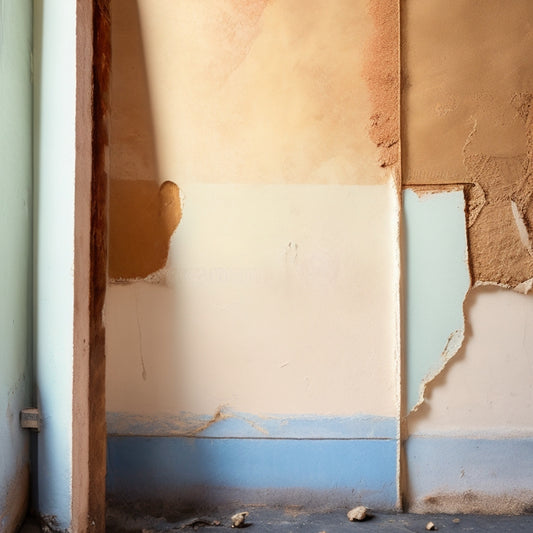A worn, cream-colored wall with a jagged, diagonal crack stretching from the top-left to the bottom-right, surrounded by peeling paint and water stains, with a faint outline of a door frame behind.