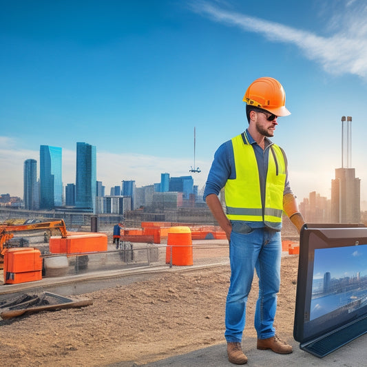A person in a hard hat and safety goggles holding a tablet, standing in front of a renovation site with tool hire equipment and a city skyline in the background.