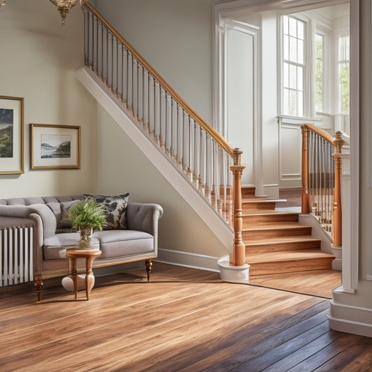 An image of a renovated living room with a beautifully finished wooden floor, a smooth plastered wall with a subtle texture, and a staircase with perfectly aligned balusters and a glossy handrail.