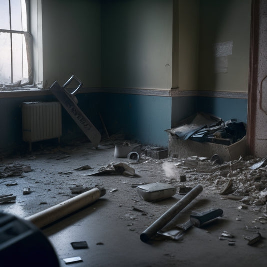 A cluttered, dimly lit room with torn wallpaper, broken tiles, and a sledgehammer, pry bar, and demolition saw scattered on the floor, surrounded by dust and debris.