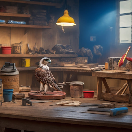 A well-lit workshop with a variety of plastering tools, including a hawk, trowel, putty knife, and sanding block, arranged on a wooden workbench with a partially plastered wall in the background.