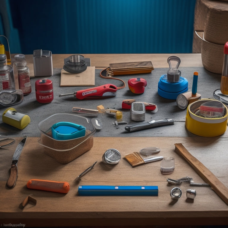 A clutter-free workshop table with a variety of organized tools, including a hammer, level, and tape measure, surrounded by safety goggles, earplugs, and a first-aid kit.