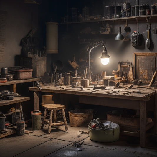 A cluttered, dimly lit renovation site with scattered tools, exposed wiring, and torn drywall, transitioning to a organized, well-lit space with 7 highlighted tools arranged neatly on a wooden workbench.
