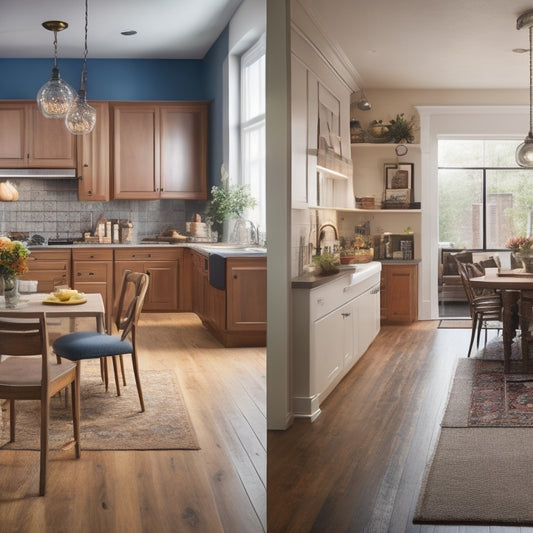 A split-screen image featuring a cluttered, dimly lit room on one side and a bright, organized space with a renovated kitchen, hardwood floors, and a few scattered design plans on the other.