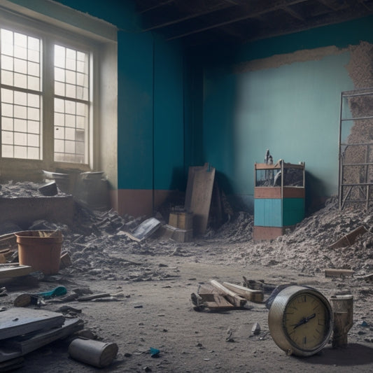 A chaotic construction site with partially demolished walls, scattered tools, and building materials, surrounded by dust and debris, with a clock or calendar in the background, hinting at time passing slowly.