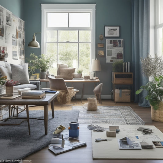 A cluttered living room with renovation plans and tools scattered around, transitioning into a clean and modern space with a calendar and budget spreadsheet on a wall.