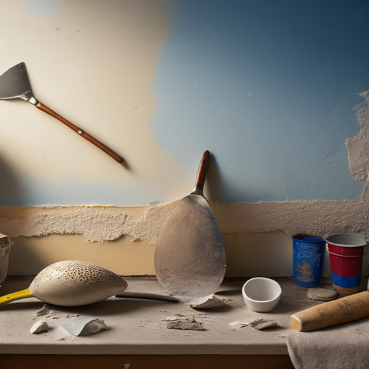 A dusty, worn-out wall with peeling plaster in the background, with a putty knife, a hawk, and a trowel arranged artfully in the foreground, surrounded by scattered plaster fragments.