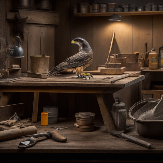 A high-contrast, well-lit image of a wooden workbench cluttered with various plastering hand tools, including a hawk, trowels, putty knife, joint knife, and sanding block, surrounded by renovation materials.