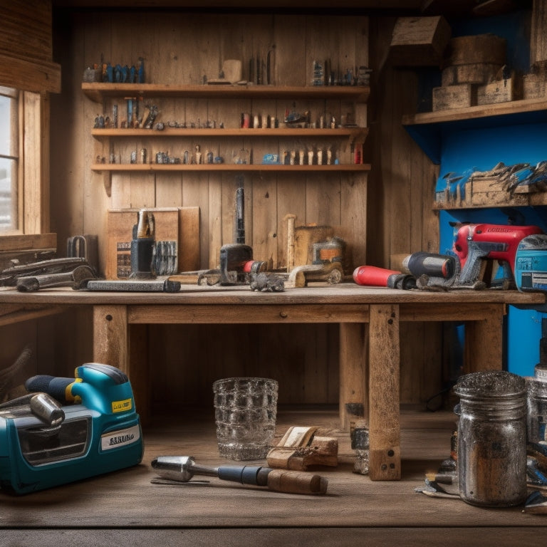 A cluttered workshop background with various drill types (cordless, corded, hammer, rotary) and accessories (drill bits, drivers, batteries) scattered on a wooden workbench, with a partially renovated room in the blurred background.