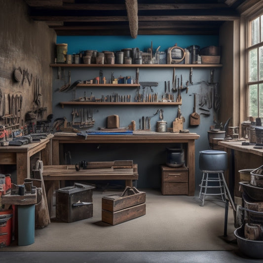 A tidy workshop with a wooden workbench, surrounded by various DIY renovation tools, including a putty knife, sandpaper, joint compound, and a level, against a backdrop of smooth, freshly painted walls.