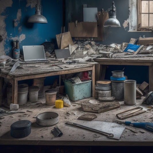 A cluttered workspace with a partially demolished wall, surrounded by scattered tools and materials, including a hammer, level, tape measure, drywall sheets, joint compound, and a putty knife.