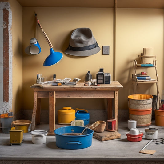 An organized workspace with a stucco wall in the background, surrounded by essential tools like a putty knife, trowel, level, and mixing bucket, with a small, portable toolbox in the foreground.