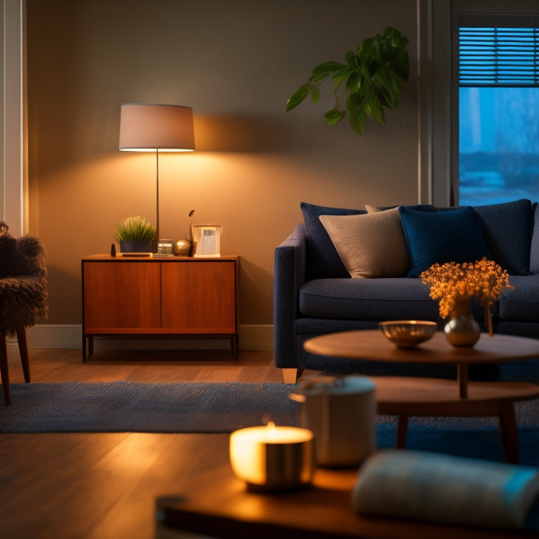 A well-lit, modern living room with a smart thermostat, LED bulbs, and a laptop displaying a home energy audit on the coffee table, surrounded by eco-friendly renovation materials.